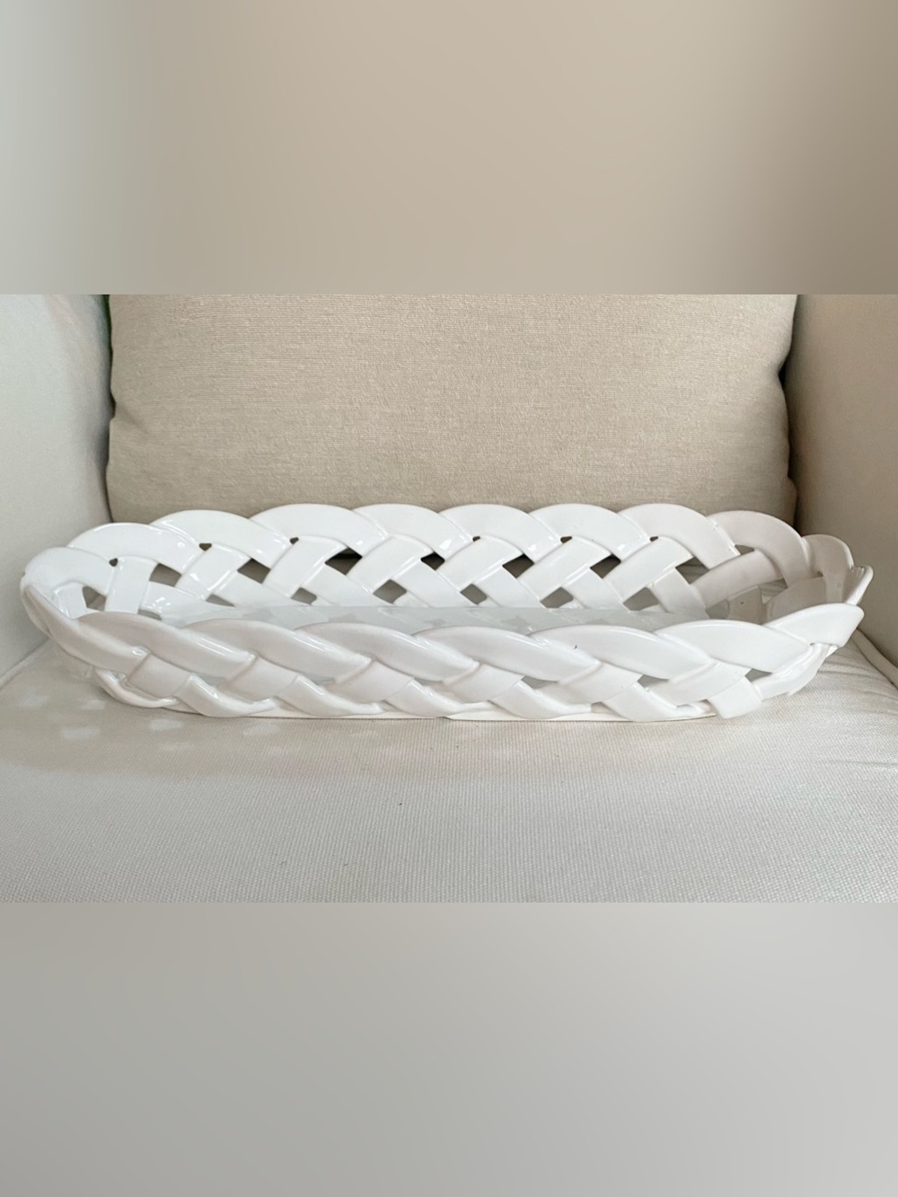 VTG Primo’gi Italy White Lattice Bread Basket Oval Handmade Flat Weave Porcelain